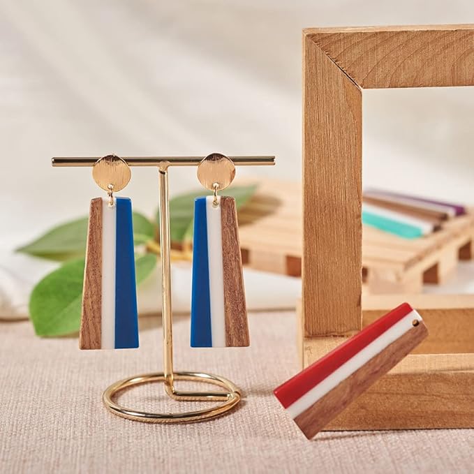 Beadthoven 16pcs/8 Pairs Natural Wood Resin Charms Colorful Striped Trapezoid DIY Earrings Pendants Mixed Vintage Wooden Pieces Tag Pendants for Statement Jewelry Making Bohemian Earrings Findings
