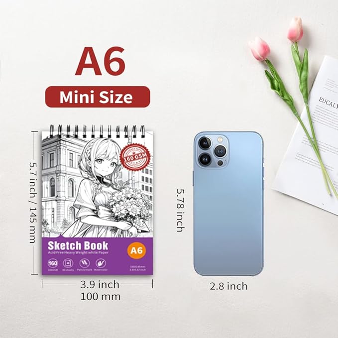 Thickened Mixed Media Sketchbook - Three Different Sizes, Drawing Paper Pad-108lb/160gsm, (Anime X, A6 (Mini Size) 3.9X5.7 inch)
