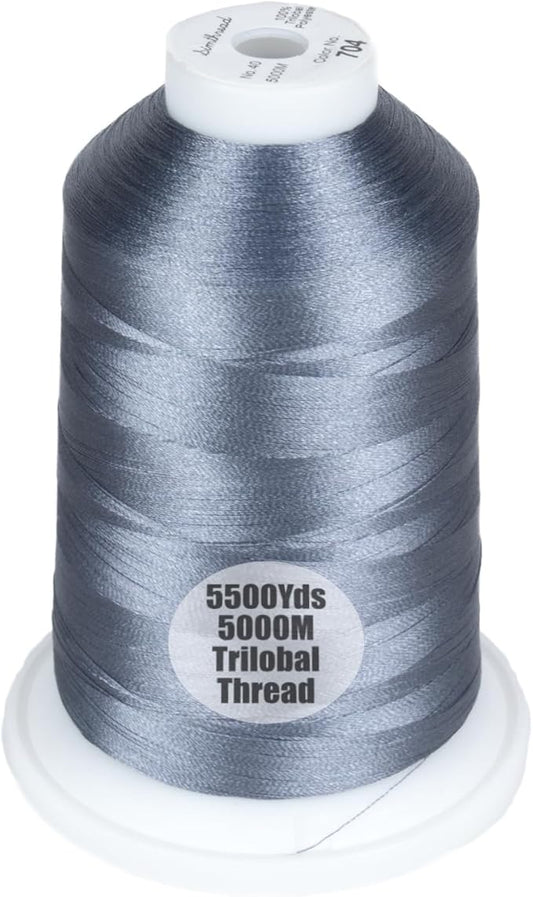 Simthread Trilobal Polyester Thread – 5000M (5500yds) No.40 – Super Sheen, Tangle-Free – Built-in Thread Lock Spool – Compatible with Brother, Singer, Janome & More, Pewter-704