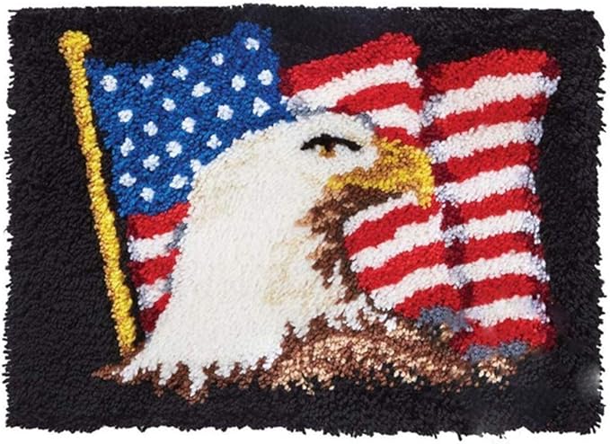 LAPATAIN Latch Hook Kits DIY Crochet Yarn Kits,American Flag Carpet Embroidery Hook Rug Kit Needlework Sets Cushion for Adults Home Decor 20x15inch