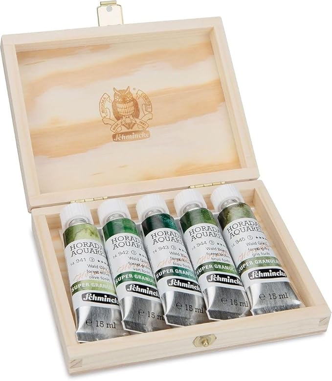 Schmincke - HORADAM® AQUARELL, Super-Granulation Set Forest, 5 x 15 ml tubes, 74 851 097, wooden box, very strong granulating watercolors