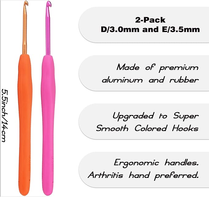 YOJOB 2Pack Size D / 3mm, E / 3.5mm Crochet Hooks, Super Smooth & Ergonomic for Beginner and Advanced (3.0mm, 3.5mm)