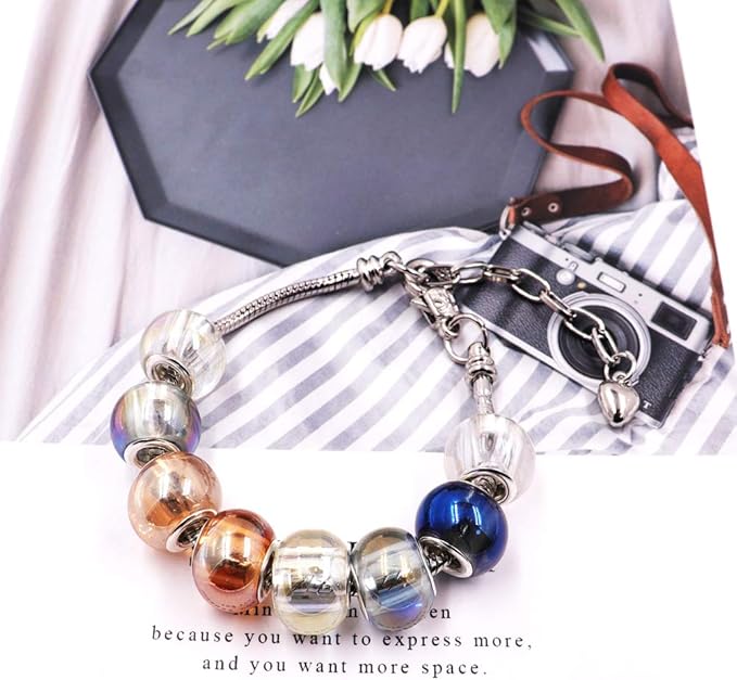 AIPRIDY 100Pcs 15x11mm Painting Murano Large Hole Glass Beads Mix Color with Silver Brass Cores European Charm fit Bracelet Necklace (Plating Rainbow)