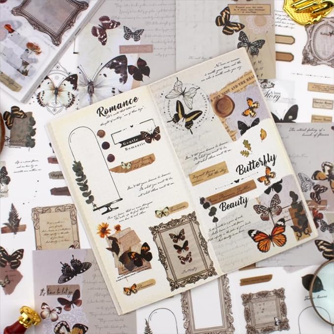 40 Sheets A6 Vintage Washi Stickers Book for Adults, Retro Butterfly Stickers with Self-Adhesive Collage Papers Ephemera for Junk Journaling Supplies, Scrapbooking, Crafts Arts