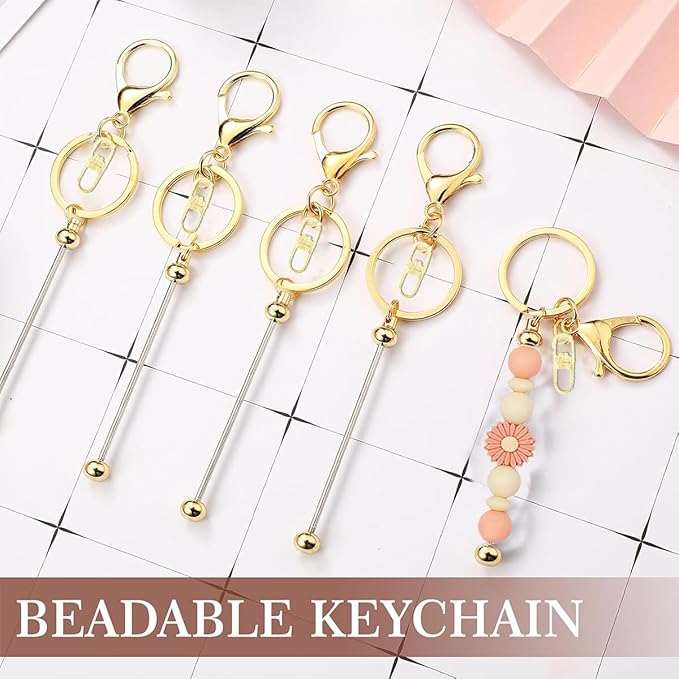 6 Pcs Beadable Keychain Bars Bulk for Beads DIY Blank Keychain Metal Beaded Keychains for Bead Key Chain Making Kit Crafts Gift Gold