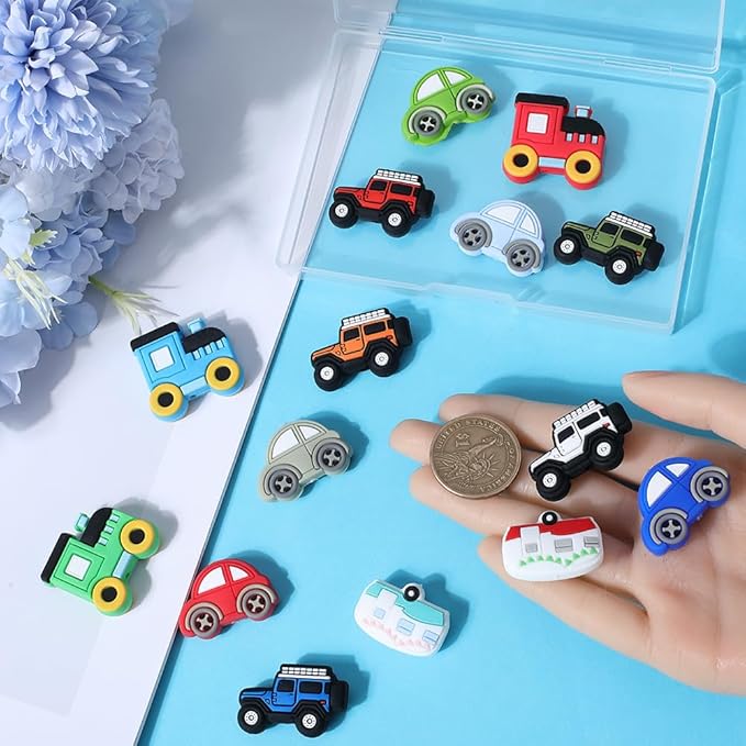 SUNNYCLUE 1 Box 15PCS Car Silicone Beads Cute Focal Rubber Beads Large 3D Cartoon Bus Rubber Soft Charms Center Drilled Chunky Loose Spacer Beads for Beading Pens Keychain Making Kit Bracelet Crafts