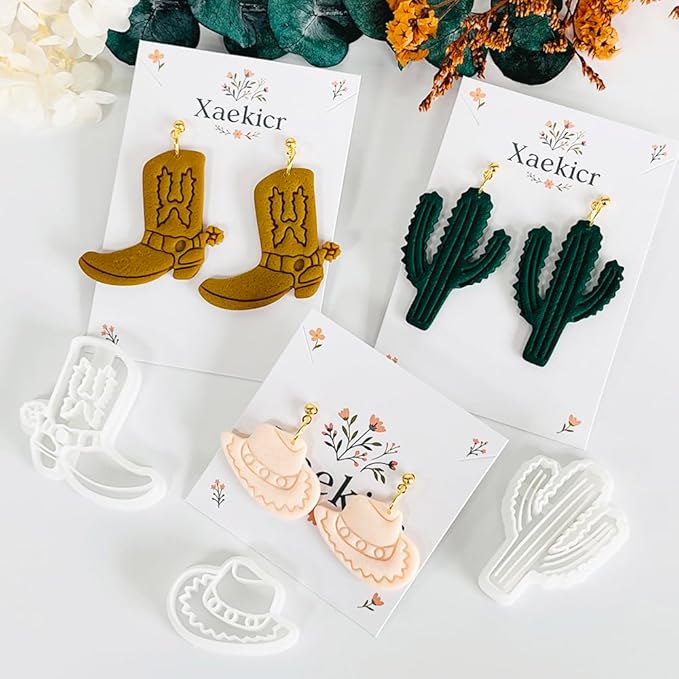Xaekicr Western Theme Polymer Clay Cutters Set – 3PCS Cowboy Hat Boot Cactus Clay Earring Cutters, Polymer Clay Molds and Tools for DIY Jewelry Making