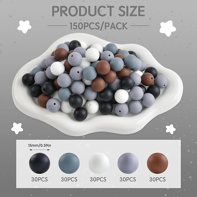 ZIFTY 150Pcs Silicone Beads for Keychain Making Kit 15mm Bulk Loose Round Rubber Silicone Focal Beads for Pens, Necklace Bracelet Making Kit, Jewelry, Art, Crafts, DIY(Black, White, Grey)