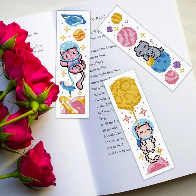 ORIGACH 6 Pcs Cross Stitch Bookmark Kit for Beginner Adults, Cute Cats in Outer Space Stamped Embroidery Bookmark Kit with Instruction for Starters Printed Cross Stitch DIY Kits for Book Lovers