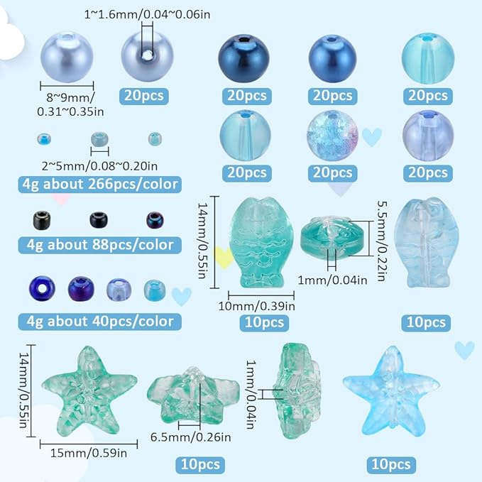 SUNNYCLUE 1 Box 540pcs Glass Ocean Beads Kit Mini Glass Seed Beads Sea Animal Summer Hawaii Sea Starfish Fish Spacers for Jewelry Making Beading Kits DIY Bracelets Necklace Supplies