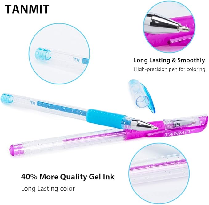 TANMIT Glitter Gel Pens, 33 Colors Neon Glitter Pens Set Gel Art Markers with 40% More Ink for Adult Coloring Books, Drawing, Journaling, Doodling