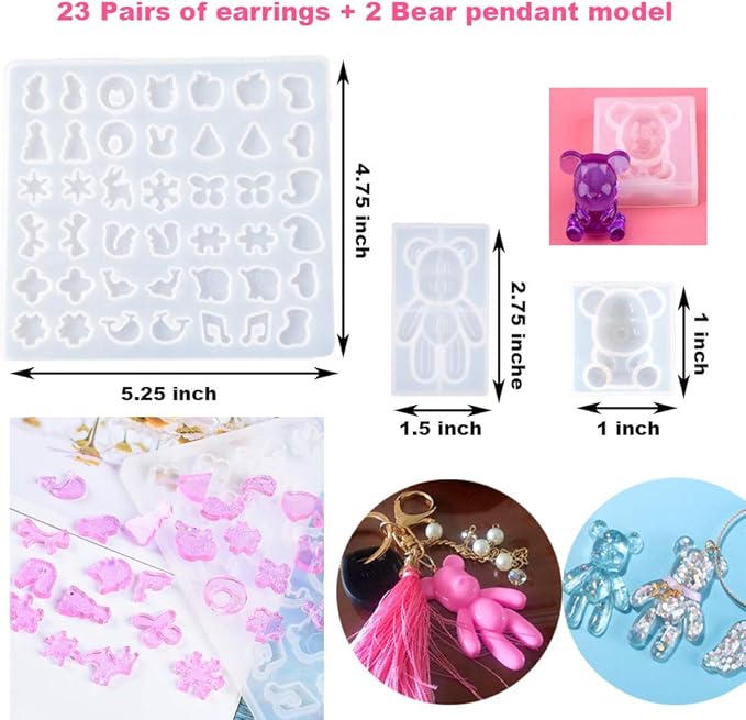 EuTengHao 229Pcs DIY Jewelry Casting Molds Tools Set More Than 120 Designs Contains 8 Silicone Jewelry Resin with 70 Designs,1 Earring Molds with 25 Designs,2 Necklace Bear Molds,3 Diamonds Mold