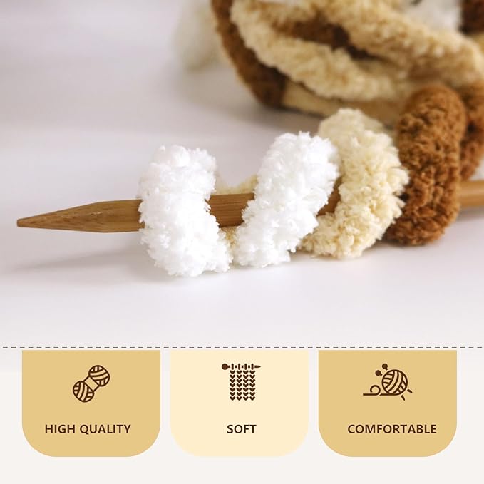 White+Light Yellow+Brown Chunky Chenille Yarn for Crocheting Bulky Thick Fluffy Yarn for Knitting,Super Bulky Hand Blanket,Soft Plush Yarn Crochet Carpet 8 Jumbo Pack(63.76oz/197.68yd