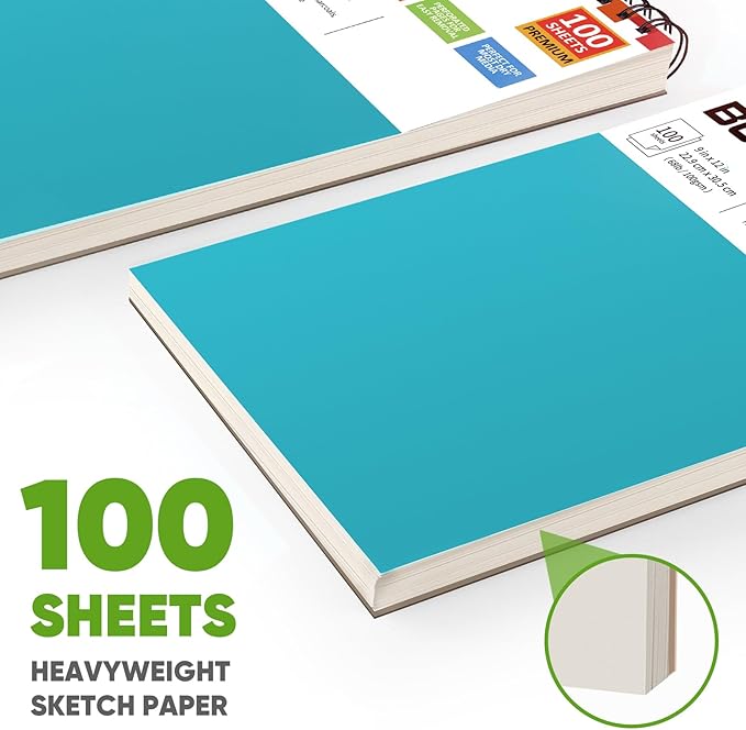 soucolor school supplies 9" x 12" sketch book for high college teacher student, 1-pack 100 sheets spiral bound art sketchbook, acid free (68lb/100gsm) artist blank book for kids, back to school stuff