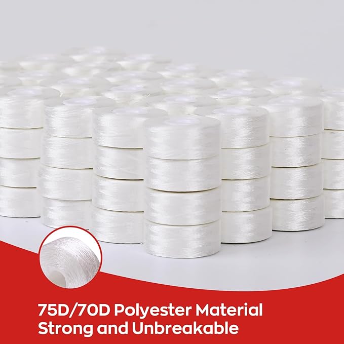 Poolin Prewound Bobbins, Richword Selected White SideLess 144pcs Size L(SA155), 75D/2(60WT) Polyester Bobbin Thread for Commercial Multi Needles Embroidery Machine, 130 Yards