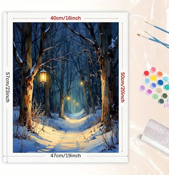 Snowy Lantern Walk Paint by Numbers Kit for Adults - DIY Winter Night Forest Painting on Rolled Canvas 16x20 Inches, Acrylic Paint Set, Suitable for Beginners, Art for Home Decoration or Gifts
