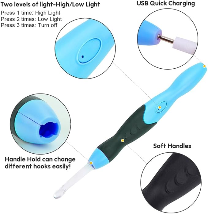 Vidillo Crochet Hooks Lights Set with Case, Ergonomic Rechargeable Lighted Hooks,9 Interchangeable Heads Hooks with a Crochet Hooks Case, Knitting Knit Needles Weave Yarn Sewing DIY Craft (Blue)