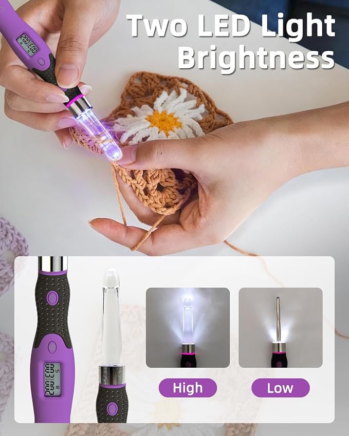 Upgraded Counting Crochet Hook Set - 24-in-1 Interchangeable Hooks Kit - Light Up, Digital Stitch & Row Counter- No Need to Move Fingers- Ergonomic for Arthritic Hands - Cool Gift
