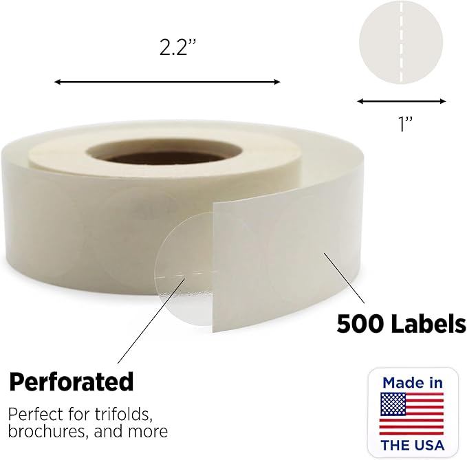 chromalabel 1 inch round clear wafer seals, 500 per roll, perforated