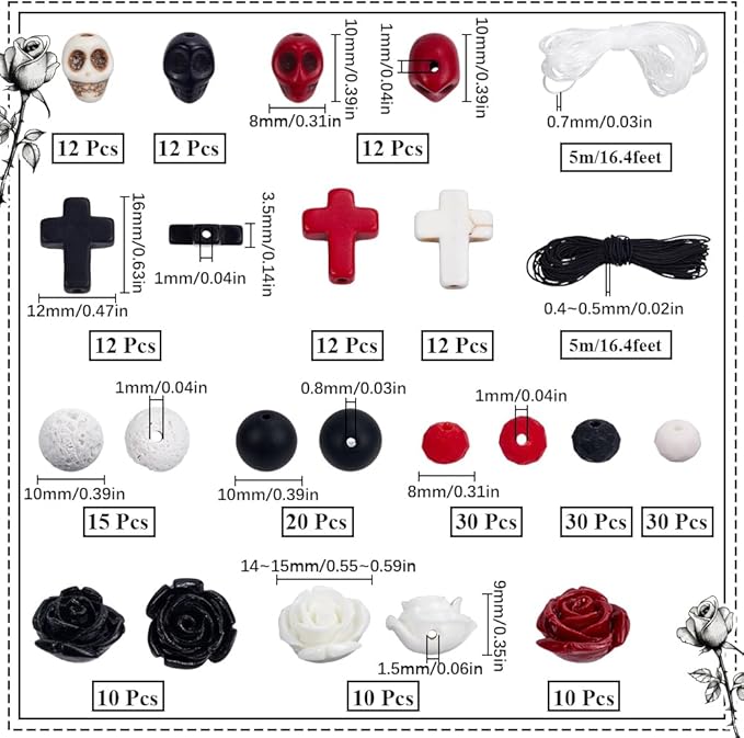 SUNNYCLUE 227Pcs Halloween Beads Kit - Mixed Stone - Skull, Rose, Cross, Round Shapes - DIY Jewelry Making Kit - Adults - Mixed Color