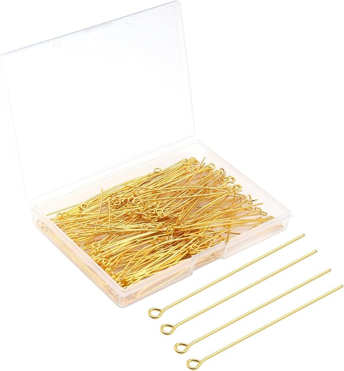 200 Pcs 50mm Straight Eye Pins for Craft Earring Bracelet Necklace Pendant DIY Jewelry Making, Gold Color