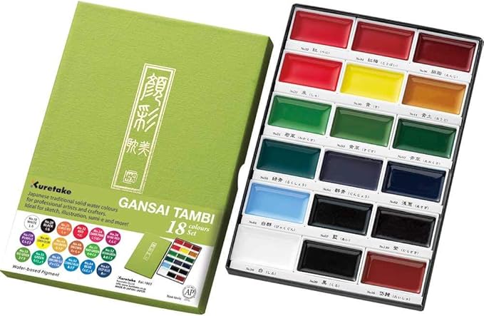 Kuretake GANSAI TAMBI Watercolor Paint Set, 18 Colors, Professional-quality for artists and crafters, for kids, adult, Made in Japan