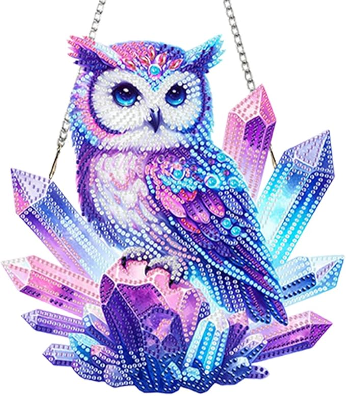 POETRYDRAW DIY Hanging Diamond Art Pendant Kit, 5D Owl Special Shaped Crystal Diamond Art Window Acrylic Pendant Ornament Wall Art Suncatchers Sign for Home Decoration