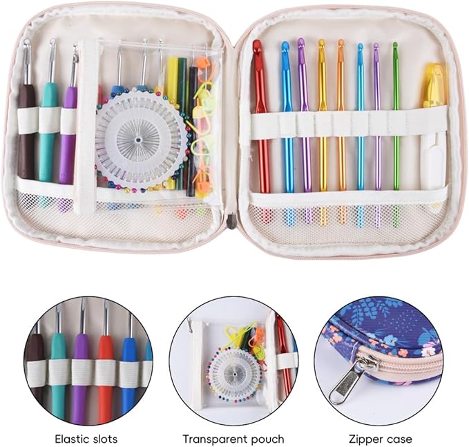 Crochet Hook Case,Portable Zipper Storage Organizer Bag for Crochet Hooks, Knitting Needles, Project & Sewing Supplies, Lightweight,Easy to Hold (No Accessories Included).Deep Blue Flowers