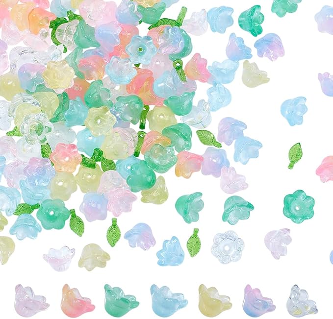 NBEADS 240 Pcs Glass Bell Flower Beads Kits, Lily Flower Glass Beads Leaf Shape Acrylic Beads for DIY Jewelry Making Beading Projects Bracelets Necklaces Earrings, Hole: 1.4mm