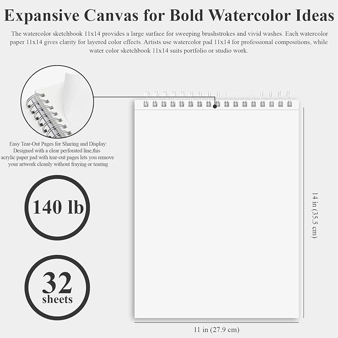 fuxi water color paper 11x14, large watercolor paper 140 lb cold press, 32 sheets (64 pages) watercolor notebook, water color sketchbbooks for adults art spplies.