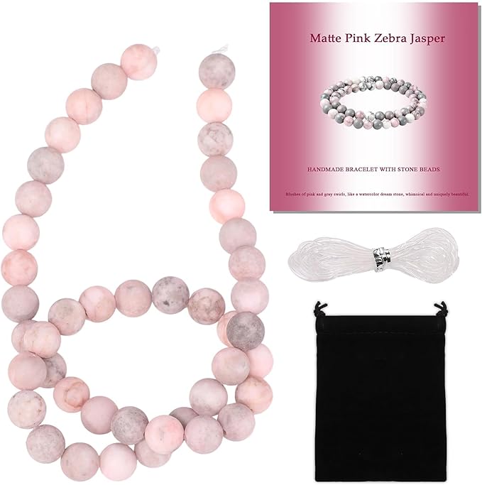 Stone Beads, 45pcs Matte Pink Zebra Jasper, 8mm Round Loose Beads for Jewelry Making, Bracelets, with Bag, String & Card