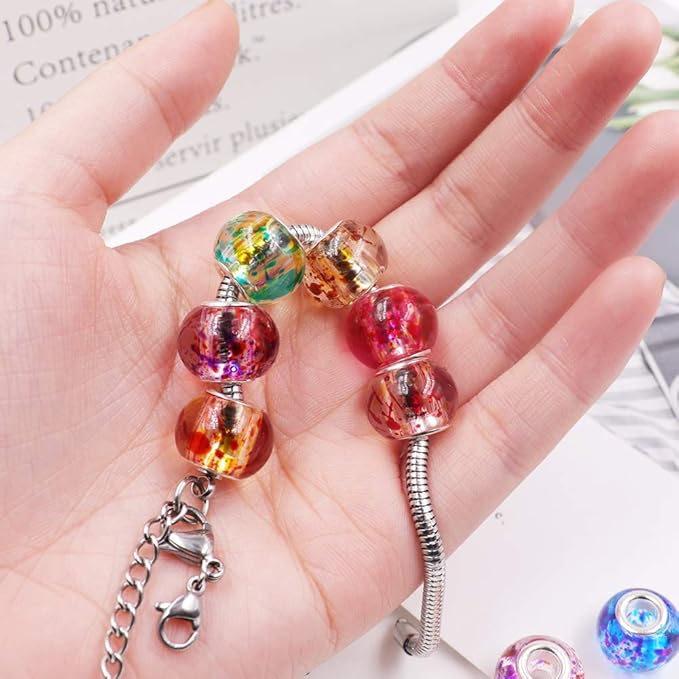 AIPRIDY 100Pcs 15x11mm Painting Murano Large Hole Glass Beads Mix Color with Silver Brass Cores European Charm fit Bracelet Necklace (Paint Splatter Glass)