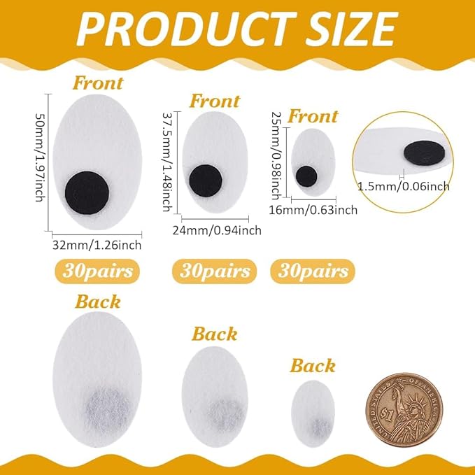 FINGERINSPIRE 90 Pairs Oval Safety Eyes 3 Size Black White Felt Eye Patches Felt Craft Eyeballs Sew on Eyes for Stuffed Animal, Halloween Eye Applique for Amigurumi Puppet Teddy Bear Crochet Plush DIY