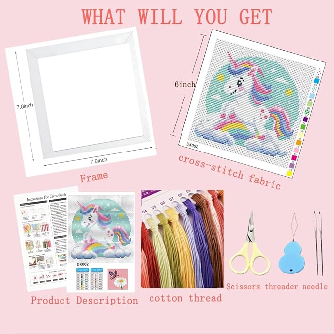 Cross Stitch Kits for Beginners,Colorful Animals Stamped Cross Stitch for Adults with Framed,Crafts for Girls 8-12 Embroidery Kit Partial 11CT Cross-Stitch Arts and Crafts for Adults 6.7x6.7inch