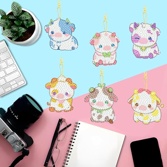 Masendp 8 Piece 5D DIY Cow Diamond Painting Keychain Set Fruit Cow Diamond Pendant Hanging Animal Art Decorations for Adult Beginner Pack Birthday Family Party Decoration
