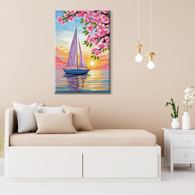 JOOZ Sailboat Paint by Numbers Kit for Adults with Frame Sunset Paint by Number with Easel Flowers Adult Paint by Number Kits Framed Canvas Oil Painting Kits for Home Wall Decor 8x12 Inch