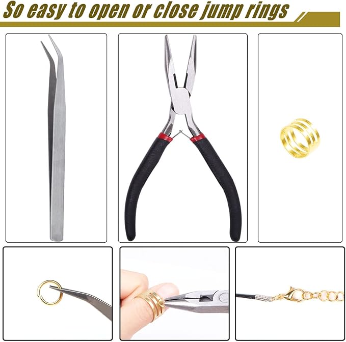 Jump Rings for Jewelry Making Kit, 1500 pcs Jewelry Repair Kit for Necklace Bracelet, Lobster Clasps and Closures Repair Supplies Kit with Pliers Tweezers-Gold
