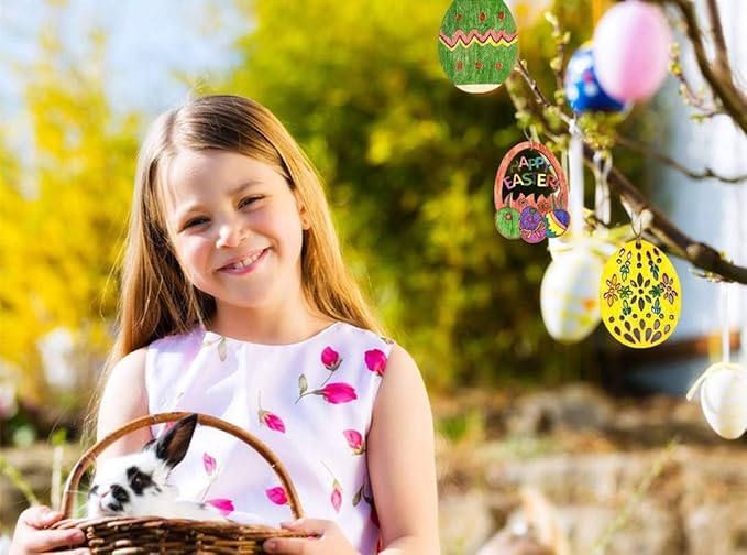 Anditoy 30 PCS Easter Wooden Hanging Ornaments Unfinished Wood Slices Eggs Easter Crafts for Kids DIY Decorations Party Supplies