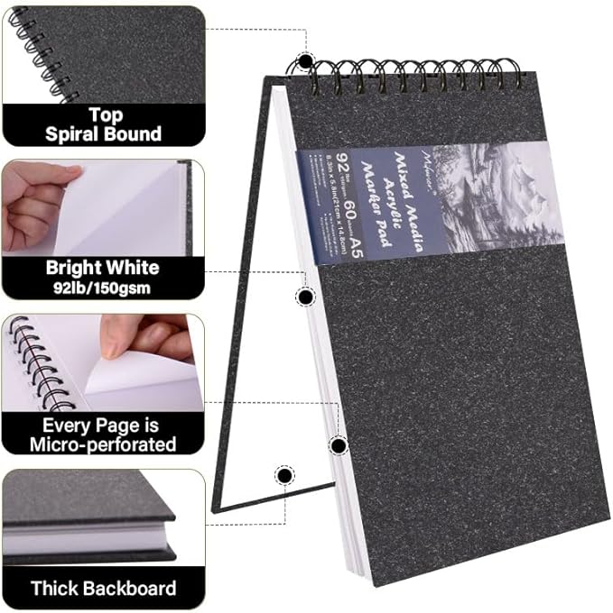 5.8" x 8.3" Mixed Media Sketch Book,Spiral Bound Hardcover Sketchbook,60 Sheets 92lb/150gsm Neutral White Acid Free Paper,Art Journal Sketchbook for Drawing Writing Sketching Illustration,Black