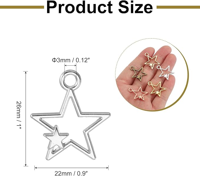 uxcell 100Pcs Alloy Open Bezel Pendants, Star Open Back Hollow Frame Pendant Geometric for Resin Jewelry Making Earrings Necklace Bracelet DIY, Silver