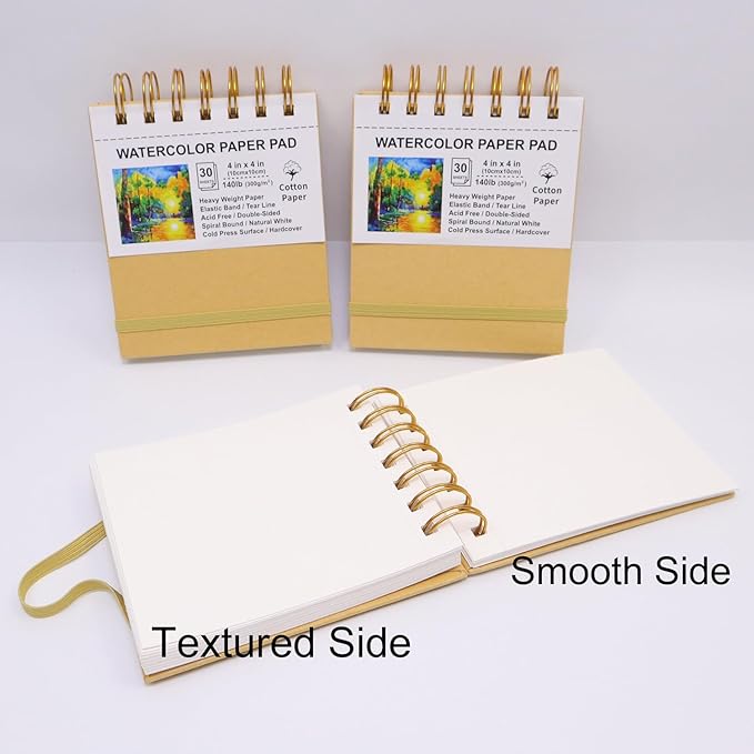 Mini Watercolor Paper Pads, 4x4, 3Pack, Kraft Hardcover Sketch Books, 140lb/300gsm Heavyweight Cotton Paper, Spiral Bound, Cold Pressed, Dual-Sided(Smooth&Texture),Painting Paper for Artists Students