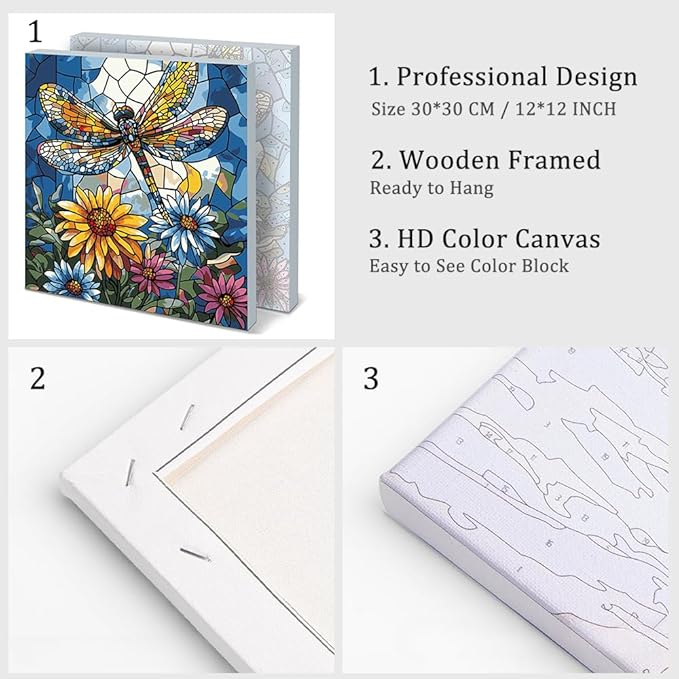 Natuyalo Dragonfly Paint by Number for Adults Beginners, Abstract DIY Paint by Numbers Kits for Adults with Frame, Animals Acrylic Painting Kit on Canvas for Wall Decor 12x12 Inch