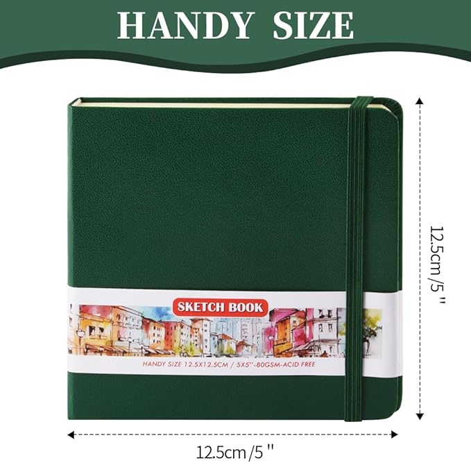 Square 5x5 inches 80gsm 96sheets/192 Pages Notebooks Blank Sketchbooks Travel Journal Pocket Hardcover Paint Writing Diary Memo Planner PU Leather Cover. Dark Green