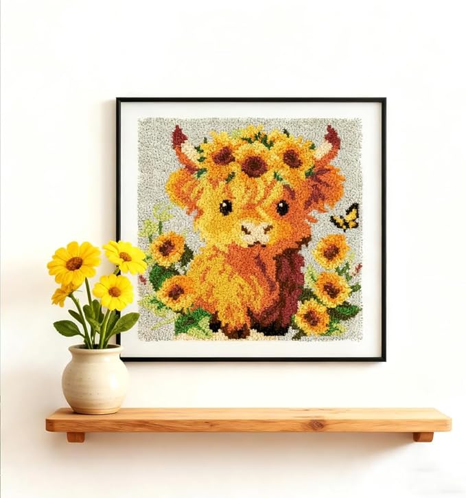 ORIGACH Cow Latch Hook Rug Kit for Adults Printed Rug Making Kit Handmade Carpet Tapestry Cover with Hook Latch and Preprinted Canvas, Home Arts Crafts Sofa Decor, 17.72x17.72inch