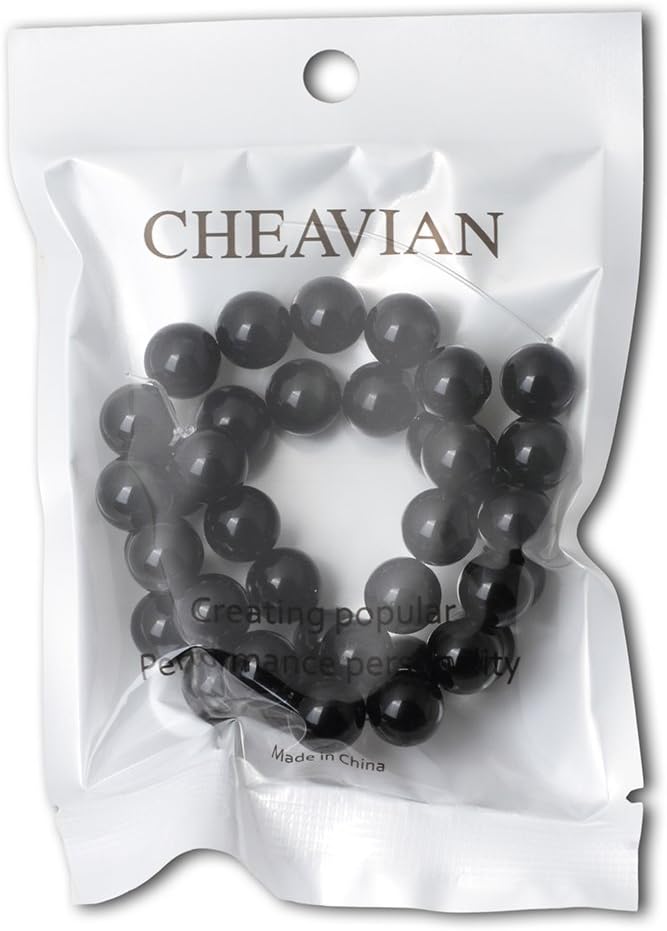 cheavian 35pcs 10mm natural black obsidian gemstone round loose beads crystal energy stone healing power for diy jewelry making 1 strand 15"
