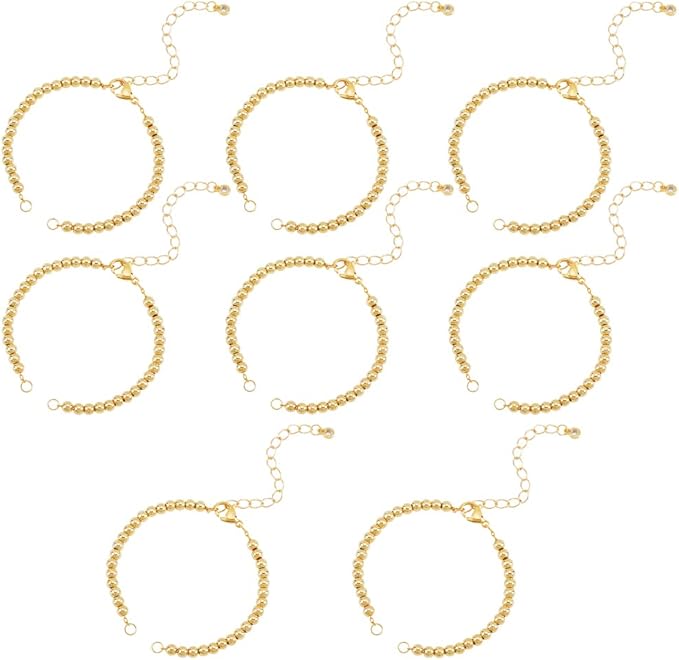 NBEADS 8 Strands Adjustable Bracelet Chain, 6.1" Golden Brass Round Beaded Half-Finished Adjustable Bracelets Extender Chain Stainless Steel Link Bracelets for Jewellery Making DIY Findings
