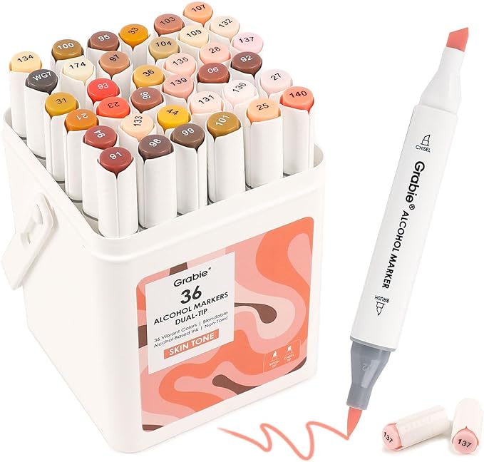Grabie 36 Colors Dual Tip Skin Tone&Hair Alcohol Markers, Chisel & Brush Alcohol Based Skin Color Marker Set with Case and Coloring Book, Drawing Markers for Adults Coloring, Set of 36