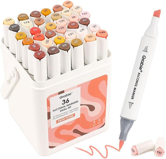 Grabie 36 Colors Dual Tip Skin Tone&Hair Alcohol Markers, Chisel & Brush Alcohol Based Skin Color Marker Set with Case and Coloring Book, Drawing Markers for Adults Coloring, Set of 36