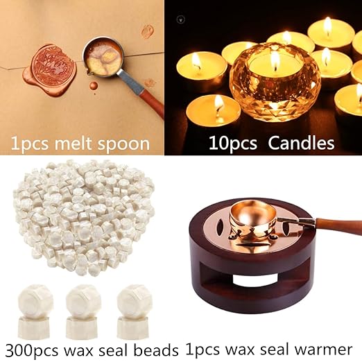 Wax Sealing Beads, ONWINPOR 300pcs Pearl White Wax Seal Beads, 1pcs Wooden Wax Seal Warmer, 1pcs Melted Spoon and 10pcs Tea Candles for Wax Sealing Stamp Kit (Pearl White)