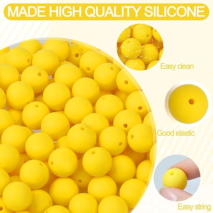 MAIBAOTA 120 Pcs Yellow Silicone Beads 15 mm Yellow Beads for Keychain/Pens/Bracelet/Necklace Making Focal Beads Loose Rubber Round Silicone Beads Bulk for Craft Making（with Boxed Kits）